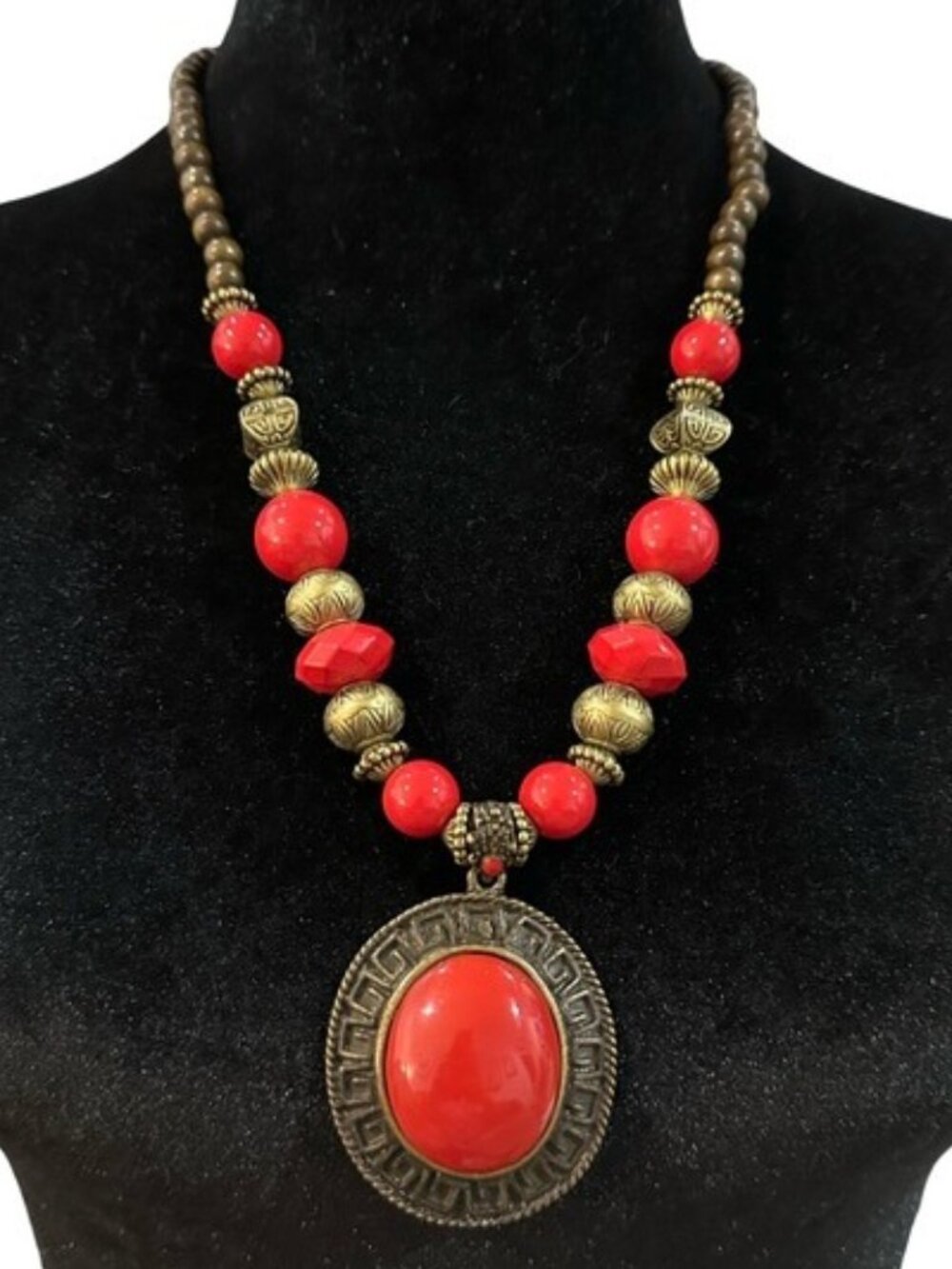Tibetan Style Necklace Red Antique Gold Tone Wood Glass 24 - 27 Inch Length